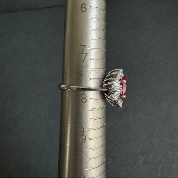 Vintage Faux Ruby Cocktail Ring Sterling Silver Cubic Zirconia Halo Cluster 8